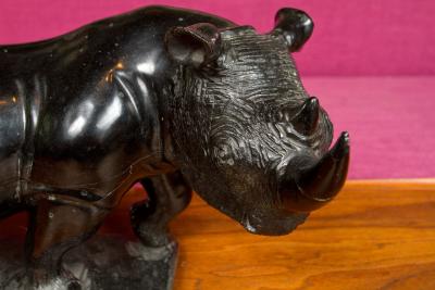 BLACK STONE CARVED RHINO SCULPTURE