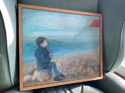 BOY WITH RED KITE BY SEASIDE PAINTING BY NORA GLANTZMAN