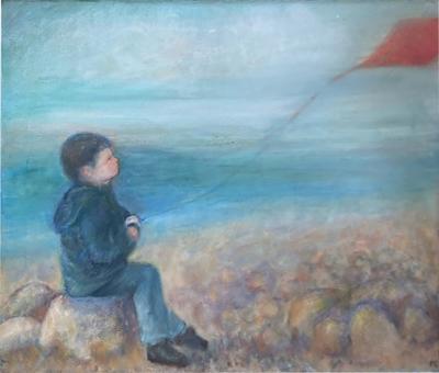 BOY WITH RED KITE BY SEASIDE PAINTING BY NORA GLANTZMAN