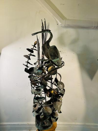 BRUTALIST MIXED METALS HERON AMONGST CAT TAILS AND LILLIES WATER FOUNTAIN