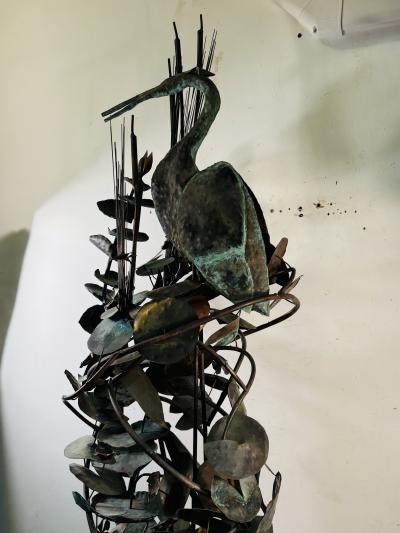 BRUTALIST MIXED METALS HERON AMONGST CAT TAILS AND LILLIES WATER FOUNTAIN