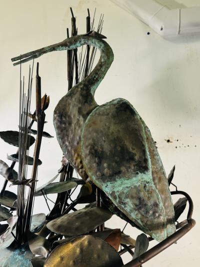 BRUTALIST MIXED METALS HERON AMONGST CAT TAILS AND LILLIES WATER FOUNTAIN