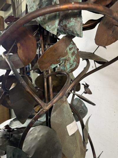 BRUTALIST MIXED METALS HERON AMONGST CAT TAILS AND LILLIES WATER FOUNTAIN