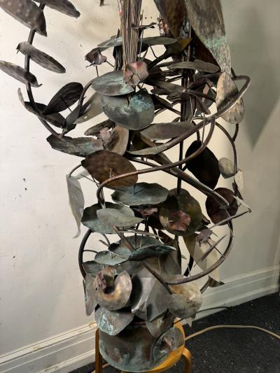 BRUTALIST MIXED METALS HERON AMONGST CAT TAILS AND LILLIES WATER FOUNTAIN