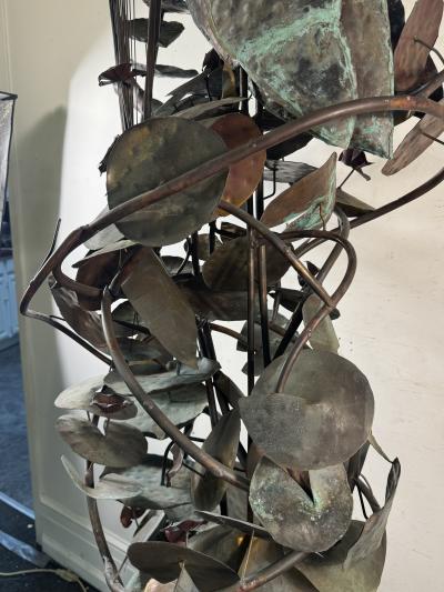 BRUTALIST MIXED METALS HERON AMONGST CAT TAILS AND LILLIES WATER FOUNTAIN