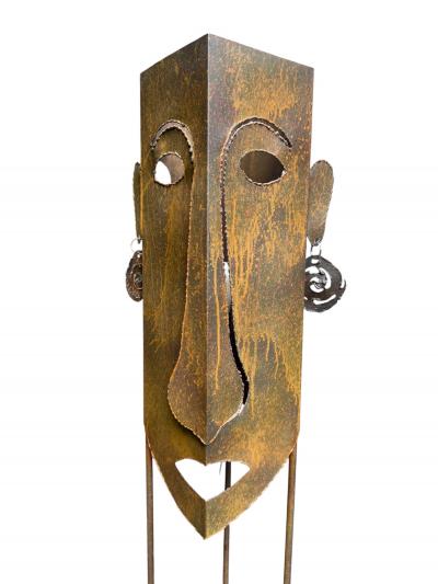 BRUTALIST MIXED METALS TORCH CUT TRIBAL MASK FLOOR LAMP