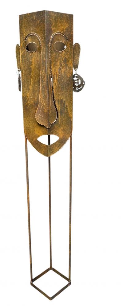 BRUTALIST MIXED METALS TORCH CUT TRIBAL MASK FLOOR LAMP