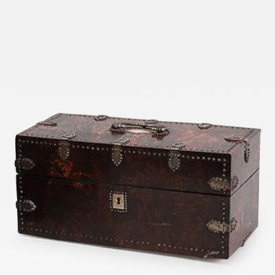 BURL WOOD AND STUDDED METAL TEA CADDY