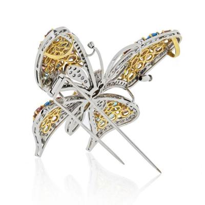 BUTTERFLY 18K WHITE GOLD MULTICOLOR GEMSTONE DIAMOND FRENCH BROOCH