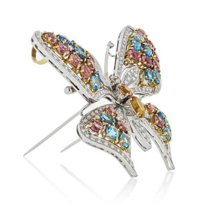 BUTTERFLY 18K WHITE GOLD MULTICOLOR GEMSTONE DIAMOND FRENCH BROOCH