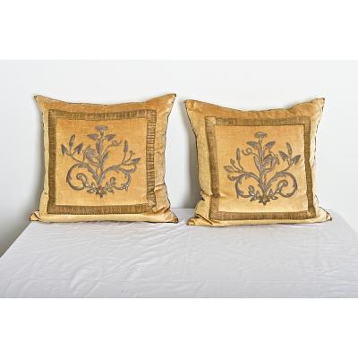 BVIZ Pair of Antique European Raised Bronze Embroidery Pillows
