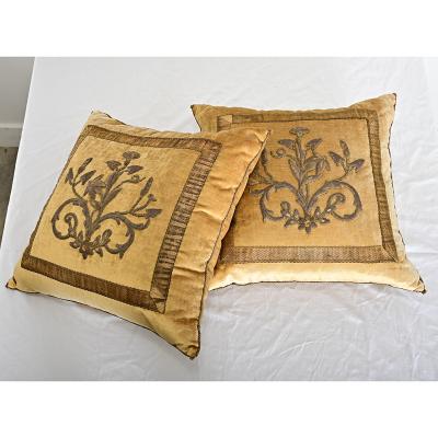 BVIZ Pair of Antique European Raised Bronze Embroidery Pillows