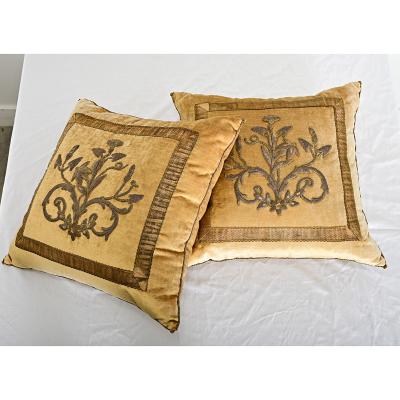 BVIZ Pair of Antique European Raised Bronze Embroidery Pillows