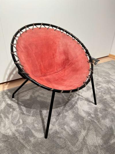 Balloon lounge chair by Hans Olsen Red Suede Metal Denmark circa 1960