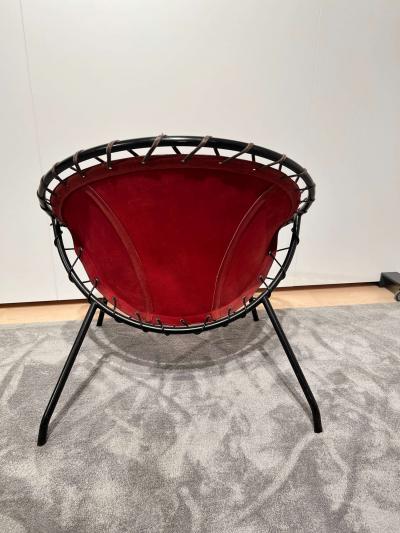 Balloon lounge chair by Hans Olsen Red Suede Metal Denmark circa 1960