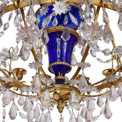 Baltic Neoclassical ormolu blue and amethyst glass 16 light chandelier