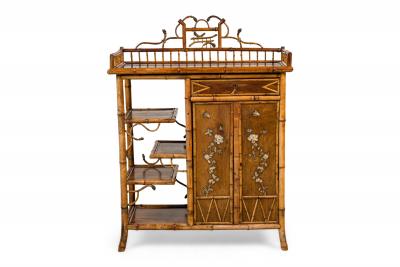 Bamboo 2 door cabinet with bone trim and side shelves and a back rail