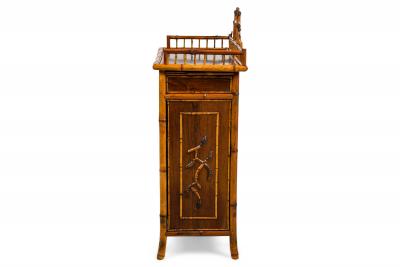Bamboo 2 door cabinet with bone trim and side shelves and a back rail