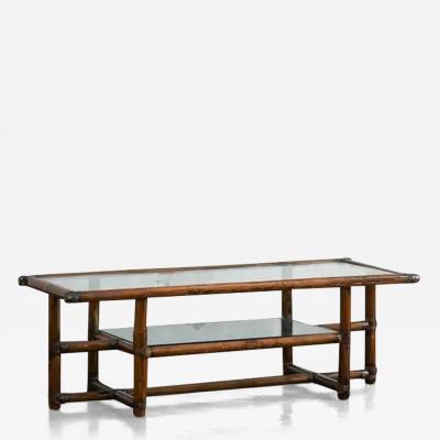 Bamboo Coffee Table with Leather Bindings and Double Glass Top 1970