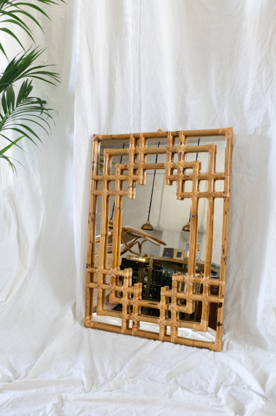 Bamboo Wall Mirror With Geometric Frame Molto Editions 1970s Style