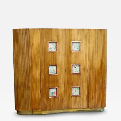 Bamboo Wardrobe Cabinet With Oriental Illustrations Italy Circa 1950
