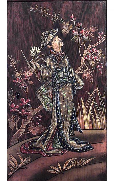 Bamboo and Rosewood Lacquered Panel Etagere