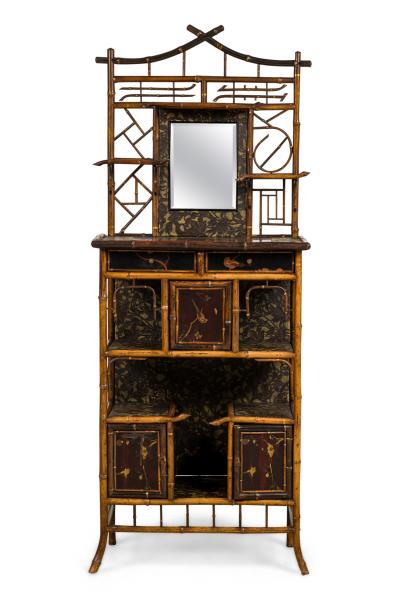 Bamboo and black lacquer etagere cabinet with rectangular mirror