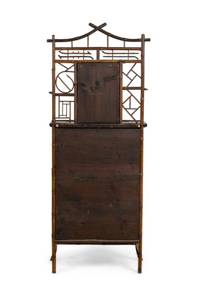Bamboo and black lacquer etagere cabinet with rectangular mirror
