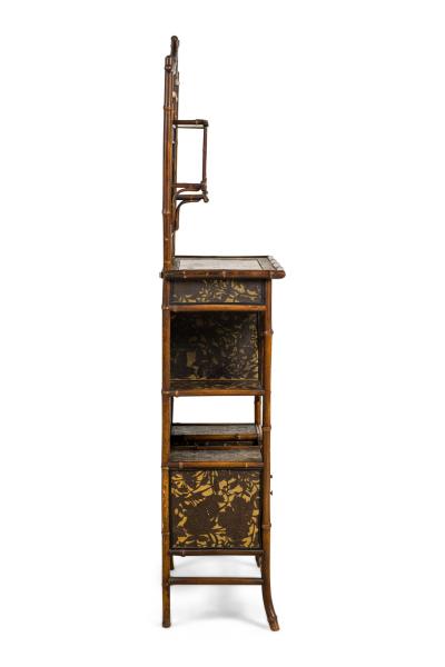 Bamboo and black lacquer etagere cabinet with rectangular mirror