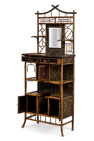 Bamboo and black lacquer etagere cabinet with rectangular mirror
