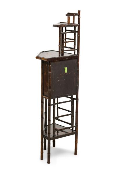 Bamboo and black lacquered decorated corner cabinet with door