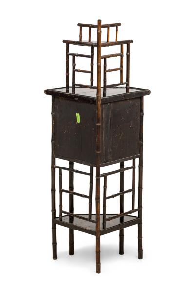 Bamboo and black lacquered decorated corner cabinet with door