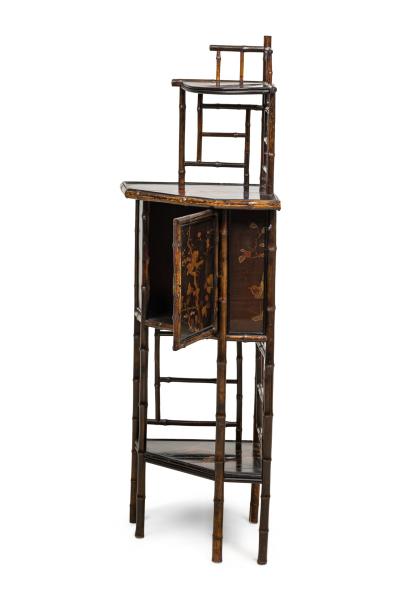 Bamboo and black lacquered decorated corner cabinet with door