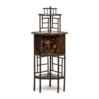 Bamboo and black lacquered decorated corner cabinet with door