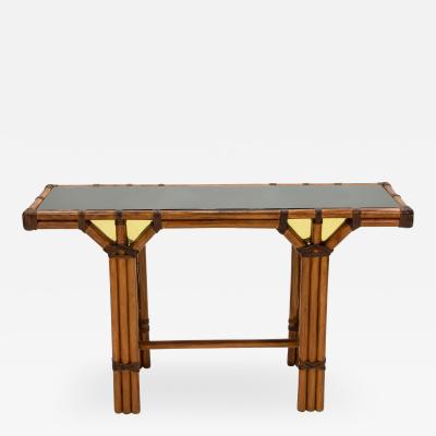 Bamboo and brass French console table black glass top 1970s