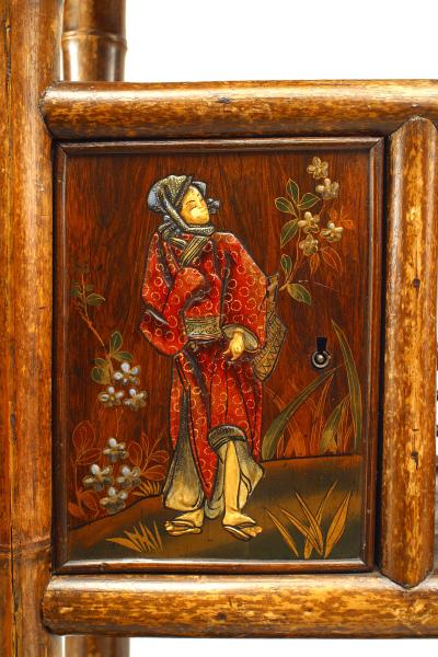 Bamboo and rosewood lacquered panel etagere