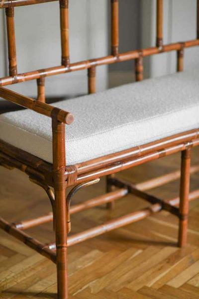 Bamboo bench with leather bindings complete with cushion in Dedar fabric