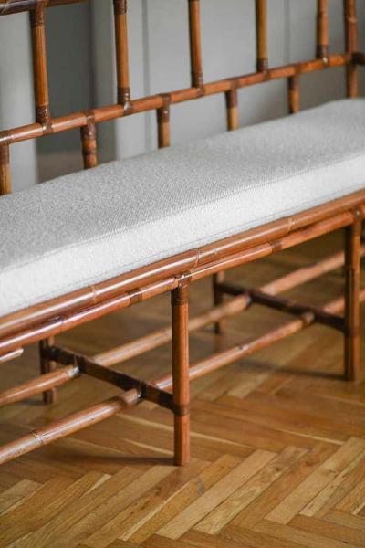 Bamboo bench with leather bindings complete with cushion in Dedar fabric