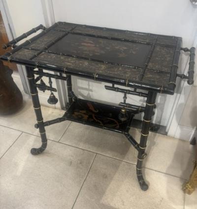 Bamboo black lacquered decorated table with handles and shelf