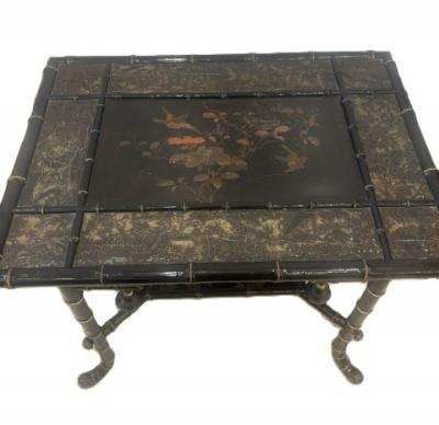 Bamboo black lacquered decorated table with handles and shelf