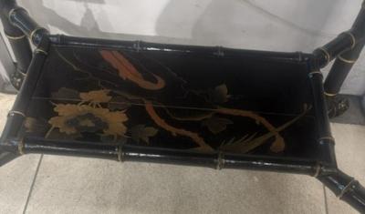 Bamboo black lacquered decorated table with handles and shelf