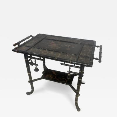 Bamboo black lacquered decorated table with handles and shelf