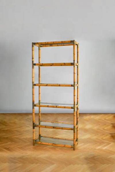 Bamboo bookcase with brass details and glass shelves 1980s