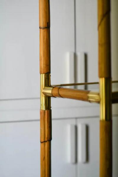 Bamboo bookcase with brass details and glass shelves 1980s
