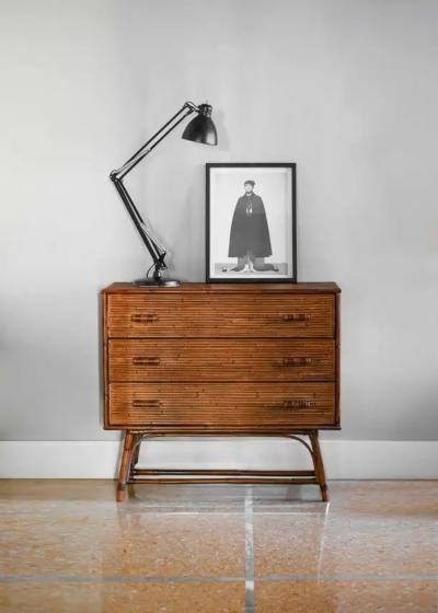 Bamboo chest of drawers with leather bindings Italian production 