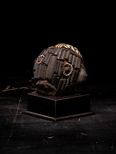 Bamileke Old Anthropomorphic Trophy Head embroidered with European Glass Beads