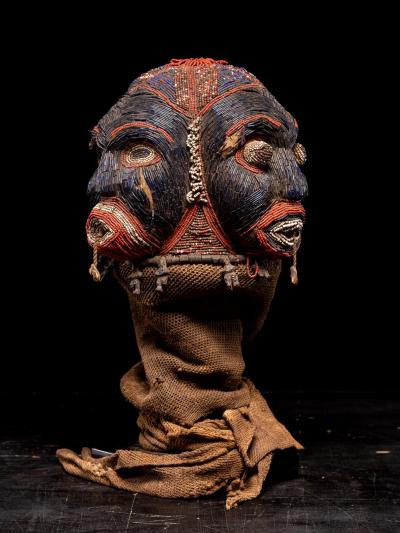 Bamileke Triple Cult head embroidered with dark blue European Glassbeads