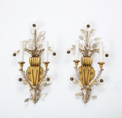 Banci Pair of Gilt and Silvered Bronze Banci Sconces with Rock Crystal Floral Motif 