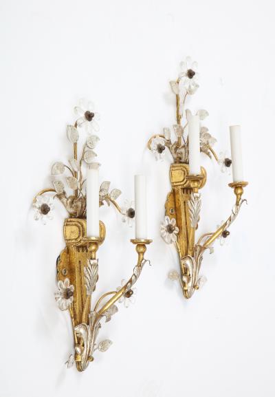 Banci Pair of Gilt and Silvered Bronze Banci Sconces with Rock Crystal Floral Motif 