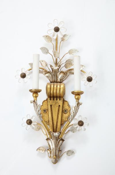Banci Pair of Gilt and Silvered Bronze Banci Sconces with Rock Crystal Floral Motif 